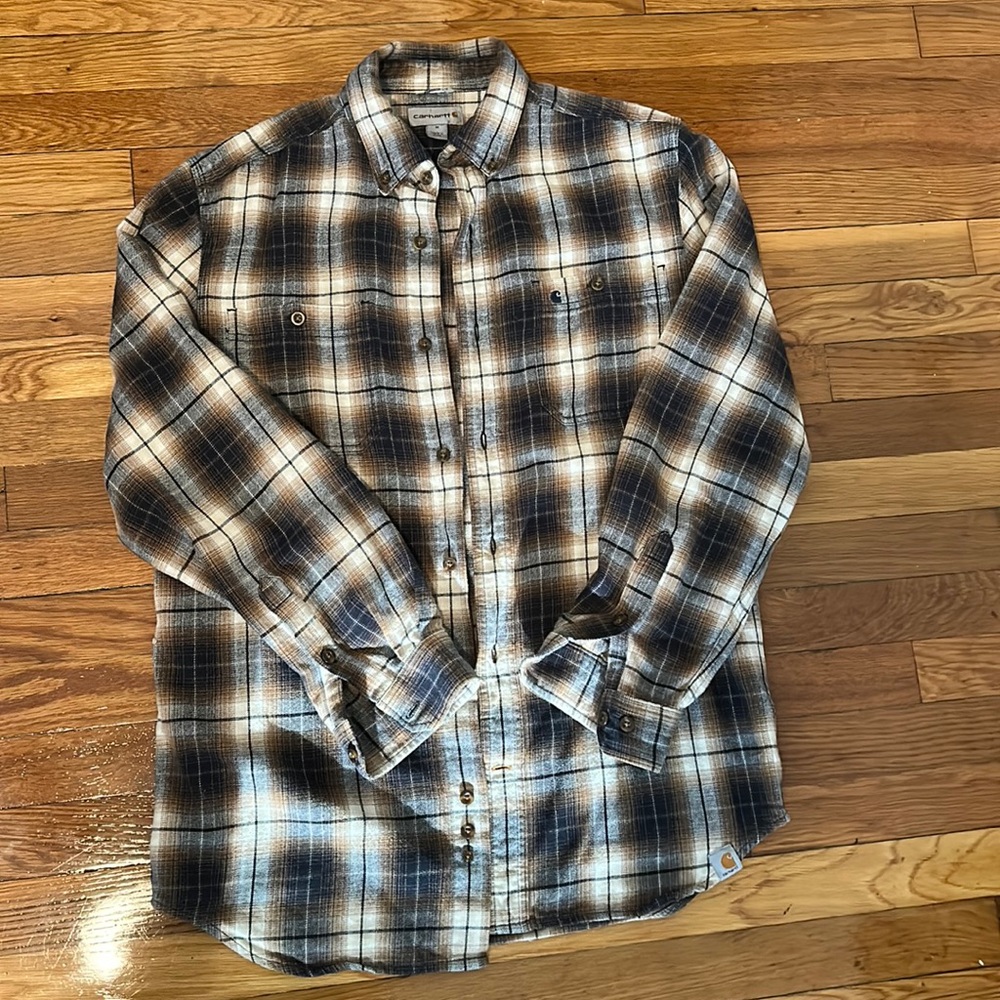Carhartt Plaid Relaxed Fit Men’s Long Sleeved Button Down Shirt Navy Blue/Brown